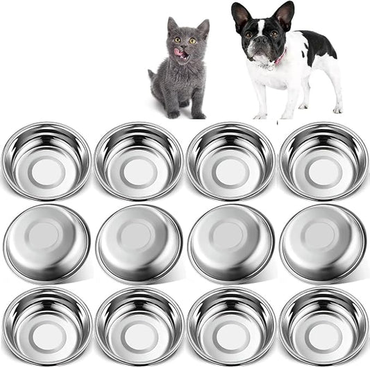 12 PCS Thickened Stainless Steel Cat Bowls, 5.5 Inch Shallow Wide Flat Metal Kitten Food Bowls, Whisker Friendly Fatigue Relief Replacement Basic Pet Dishes for Indoor Cats