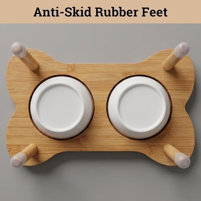 Elevated Dog Bowls for Small Dogs, Set of 2 Ceramic Dog Bowls with Stand | Screw-in Bamboo Legs, Pre-Drilled Holes, Anti-Slip Bamboo Stand, Easy to Assemble, Set of 2 Dog Bowls for Dogs up to 20 lbs