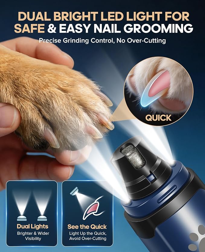 Dog Nail Grinder with 2 LED Lights | Type C 2 Speed Rechargeable Pet Nail Trimmer, Quiet for Paw Grooming, Powerful Painless Claw Clipper Kit