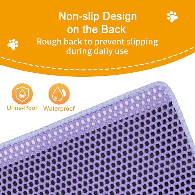 Cat Litter Mat Litter Trapping Mat,Cat Litter Box Mat 32"x22", 2 Layer Llitterbox Mat,Waterproof Urine Proof,Kitty Rug indoor Floor Pad,Purple,Collapsable, Medium