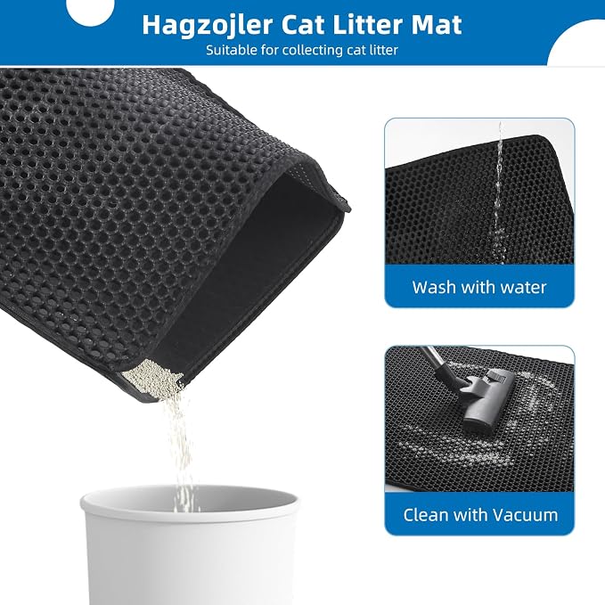 Cat Litter Mat for Indoor Cats Eva Double-Layer Litter Box Mat Washable for Easy Cleaning Cat Rug Collects Litter and Prevents Liquid Leakage (Black, 23.6×30inch)