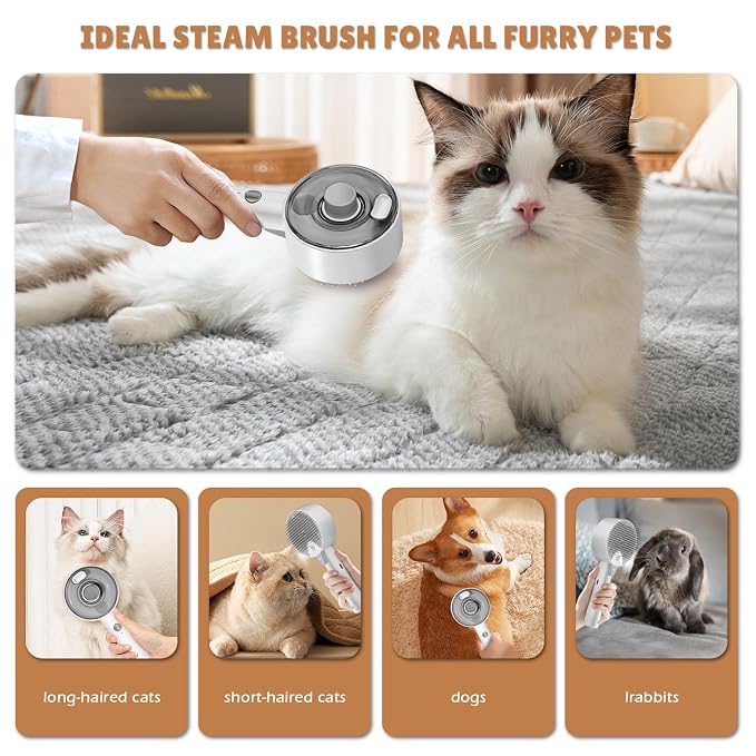 Cat Steam Brush for Indoor Cats, Spray Cat Deshedding Brush for Grooming | Self Cleaning Steam Pet Brushes with Spray, Helps Remove Loose Hair & Undercoat, Grooming Tool for Long & Short Hair Cats