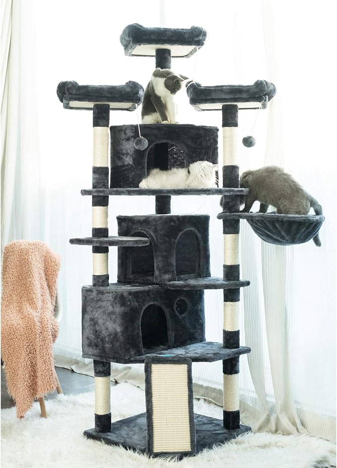 Hey-brother Cat Tree Tower with Multi-Level Large Condo, Platform, MPJ032G | 73.4 Inch Cat Tower with 3 Caves, 3 Cozy Perches, Scratching Posts, Board, Activity Center Stable for Indoor Cats, Smoky Gray