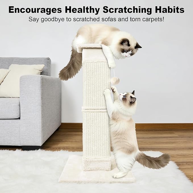 Cat Scratching Post 33 inch for Indoor Cats, Sisal Cat Scratcher, Vertical Posts with Dangling Ball, High Cat Scratch Post, Cat Tree for Full-Body Stretching, Protect Your Furniture, Beige White