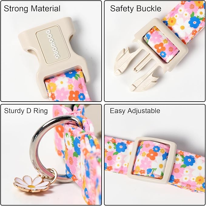DOGWONG Pink Floral Dog Collar, Spring Summer Pretty Cute Girl Dog Collar,Girl Female Dogs Collars for Small Medium Dogs, Neck 14-21 inches