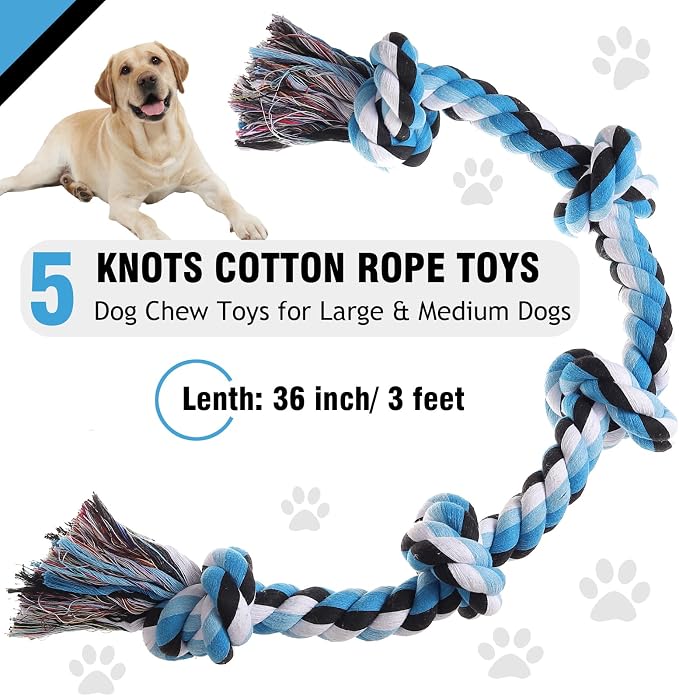XIGOU Dog Rope Toys for Large Dogs Aggressive Chewers, Dog Chew Toys for Large Breed Indestructible, Heavy Duty Tough 3 Feet 5 Knots Dog Toy, Sturdy Rope toy for Dogs Tug of War Dog Toy Teeth Cleaning