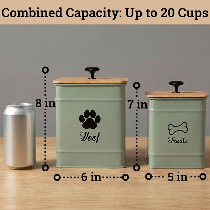 Dog Treat Container Set of 2 with Airtight Bamboo Lids - 8x6 & 7x5 inch | Fits All Popular Treats, Up to 20 Cups Combined Capacity, Airtight Bamboo Lid, Easy Open Lid, Dent-Resistant Durable Metal