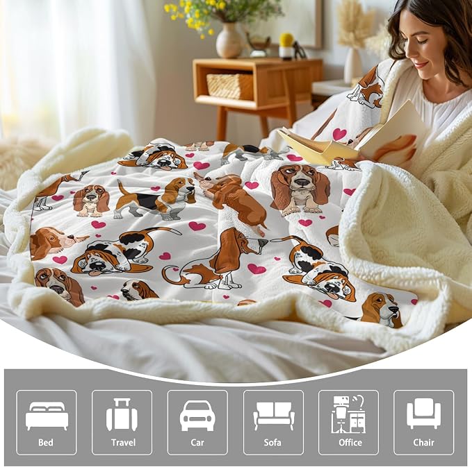 BlessLiving Basset Hound Blanket Queen Size 90x90 Inches - 3D Red Hearts Dog Print Plush & Sherpa Throw, Ultra Soft Cozy Fleece Blanket for Adults, Kids, Pet Lovers, Cute Puppy Gift