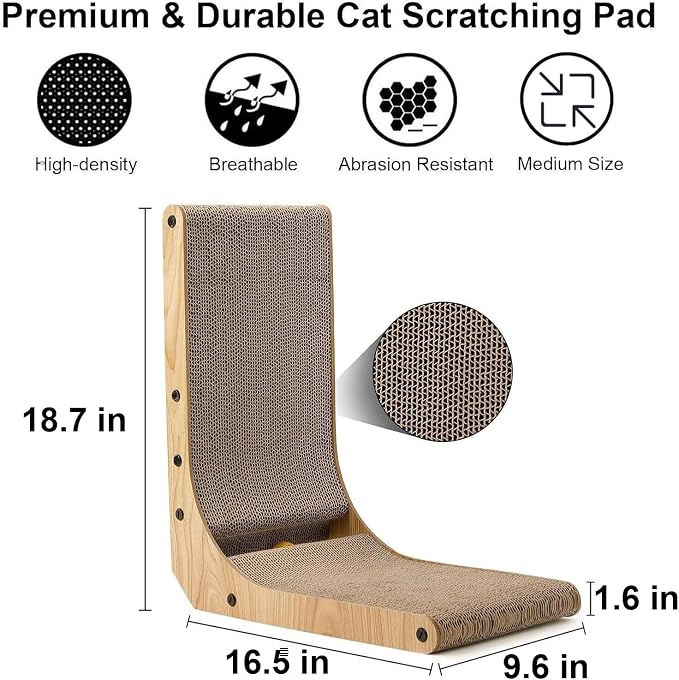 FUKUMARU Cat Scratcher, 18.7 Inch L Shape Cat Scratch Pad Wall Mounted, Cat Scratching Cardboard with Ball Toy for Indoor Cats