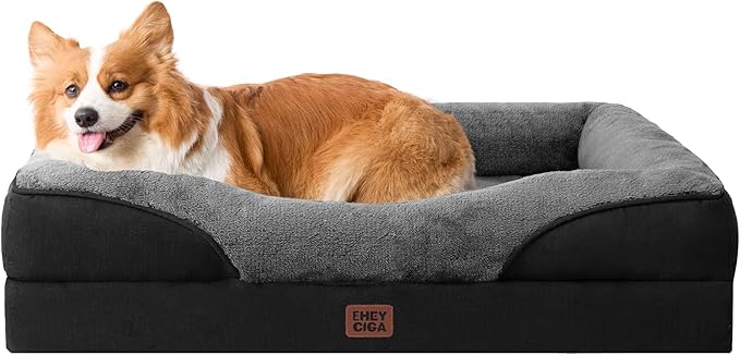 EHEYCIGA Orthopedic Dog Bed for Medium Dog, 35x22 Inch Memory Foam Dog Couch Bed with Sides, Waterproof Liner & Washable Removable Cover, Bolster Pet Sofa, Grey/Black