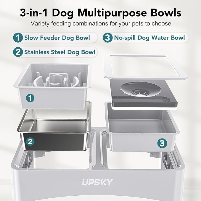 UPSKY 3-in-1 Elevated Dog Bowls Set with 4 Height Adjustable Stand, White | 304 Stainless Steel Bowl, No Spill Water Bowl, Slow Food Bowl, Anti-Slip, Dishwasher Safe, Suitable for Small Medium Dogs