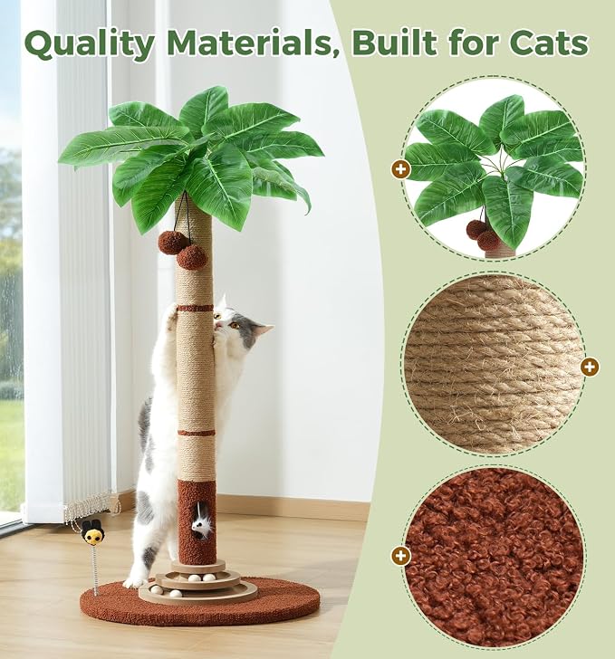 Made4Pets 35" Tall Cat Scratching Post with Sisal Rope, Interactive Hanging Balls, Toy Mouse and Two-Layer Ball Track Cat Toys, Palm Tree Cat Scratcher Tower for Indoor Cats and Kittens