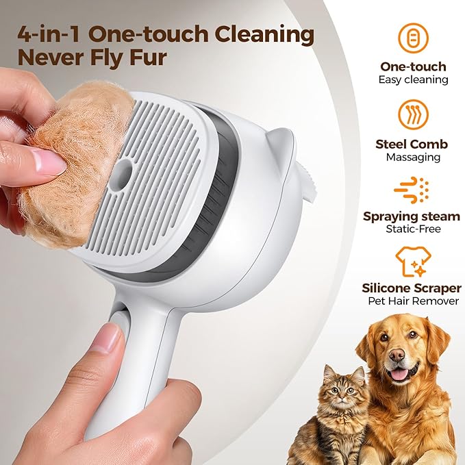 Self Cleaning Shedding Steam Cat Brush, Silicone Scraper Included | Dog Brush, primecat, Cat Brushes for Shedding, USB Rechargeable, for Grooming & Haired Pets, Dogs & Cats, White