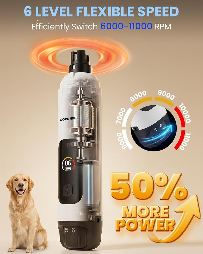 Dog Nail Grinder with New LCD Display,25dB Quiet 6-Speed Dog Nail Trimmer Avoid Anxiety,1.5H Fast Charge,2 LED Safe Lights,50% More Power - Painless Pets Nails Grinding - White
