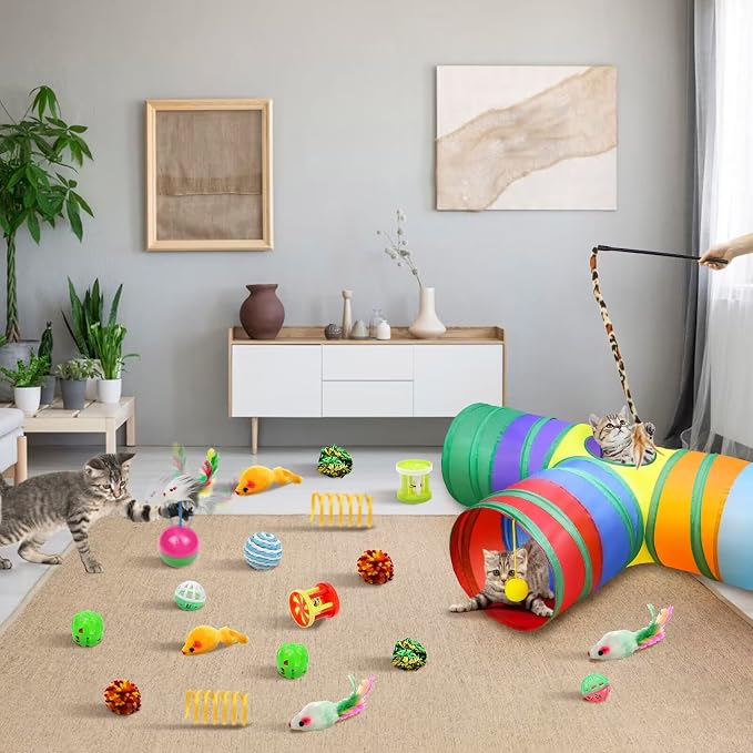 Malier Cat Toys Kitten Toys Set, Collapsible Cat Tunnels for Indoor Cats, Interactive Kitty Toys Cat Feather Toy Fluffy Mouse Crinkle Balls 3 Way Tube Tunnel Toys for Puppy Kitty Kitten