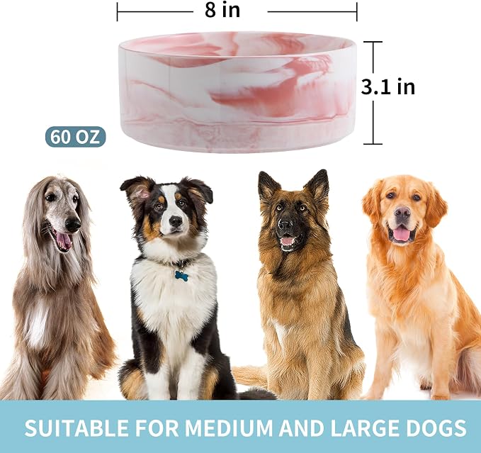 Elevated/Raised Dog Bowl Ceramic with Wood Stand for Medium Large Breed,Dog Food Water Dish Heavy Weighted, 8 in Non Slip Porcelain Pet Bowl Extra Big Marble Pink