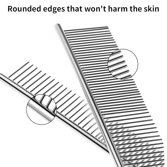 2PCS 6.4"&7.5" Stainless Steel Pet Deshedding Brush & Grooming Comb | Rustproof Stainless Steel, Remove Loose Fur & Tangles, Gentle on Skin, For Dogs Cats All Hair Types, Easy Clean Grooming Tool