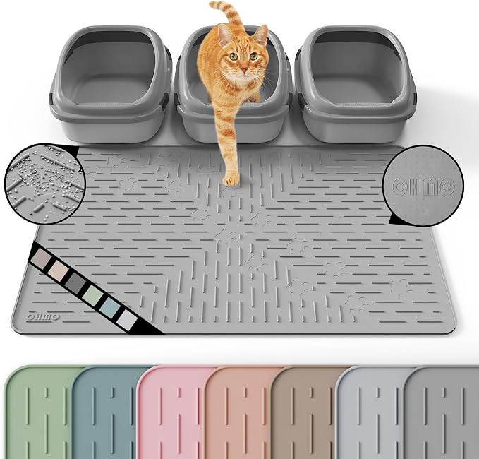 OHMO XL Cat Litter Mat, 37.5x25.2 Silicone Trapping Mat Grey | for Kitty Litter Box, Easy Clean, BPA Free Rubber, Center Litter Collection, Easy Pour-Back, Waterproof, Odor-Resistant
