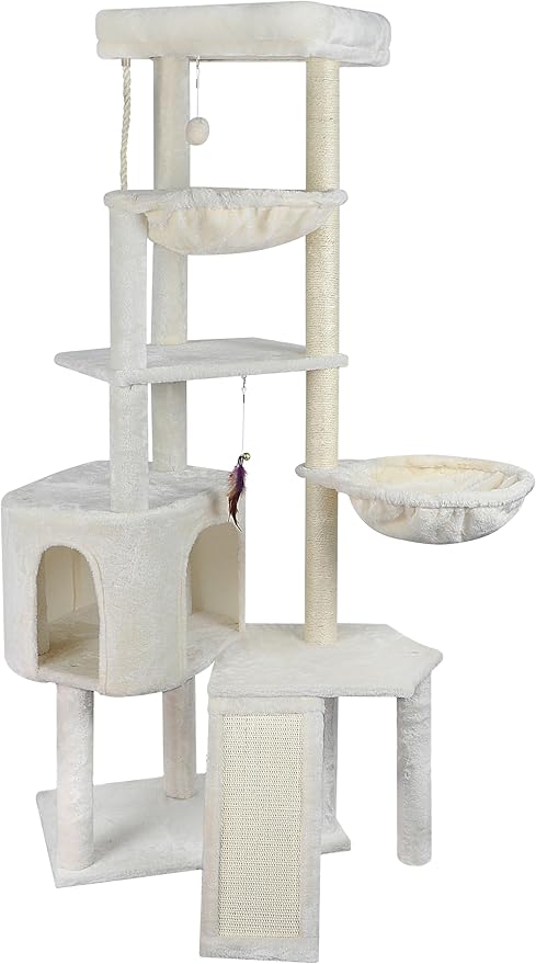 Wang Xin Four Layer Big Cat Tree with Huge Cat Condo and Two Hammocks Scratch Pad,Beige