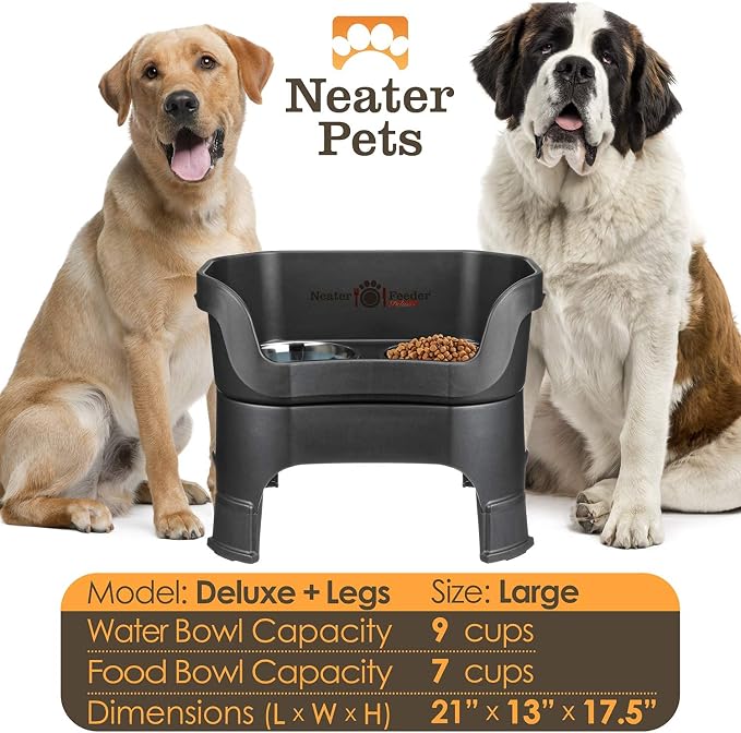 Neater Feeder Deluxe Mess-Proof Elevated Dog Bowls for Large Dogs (40+ lbs), 2 Height Adjustable (14.5” & 17.5”) No-Spill Raised Dog Bowl Stand, Stainless Steel Food Bowl Set, Made in USA, Black