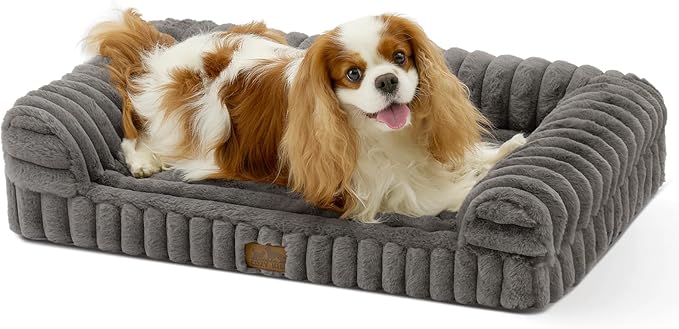 COZY KISS Ultra Soft Faux Rabbit Fur Dog Bed for Small Dogs – 30"x20" Orthopedic Foam Couch, Removable Washable Cover & Waterproof Lining, Grey