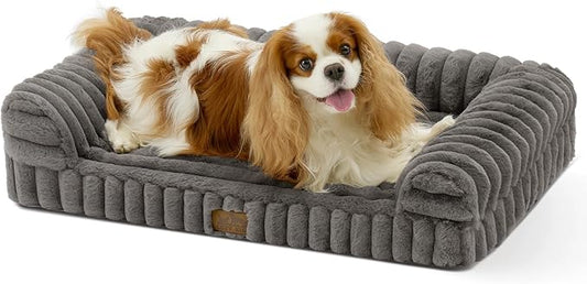 COZY KISS Ultra Soft Faux Rabbit Fur Dog Bed for Small Dogs – 30"x20" Orthopedic Foam Couch, Removable Washable Cover & Waterproof Lining, Grey