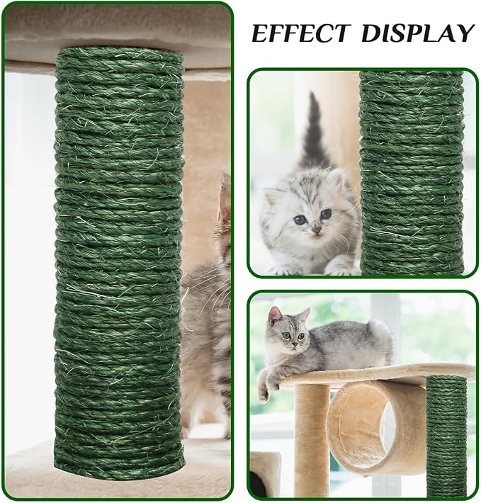 Green Sisal Rope, 1/4 Inch, 32-Feet, for Cat Scratching Post, DIY Hemp Twine, 6mm, 10m