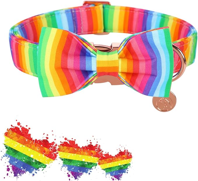 DOGWONG Rainbow Dog Collar with Pretty Bow Tie for LGBT Pride Month - Adjustable and Comfortable Collar for Large Medium Small Dog,XS