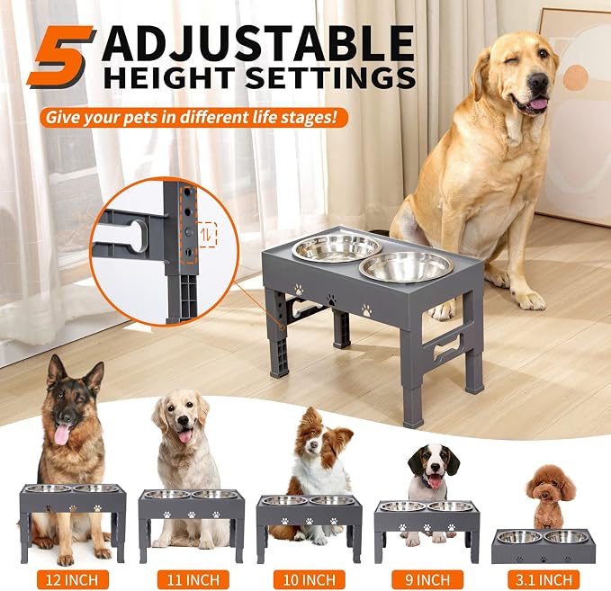 Elevated Dog Bowls with 2 Stainless Steel Bowls, 5-Height Adjustable Stand (3.1", 9" to 12"), for Improved Digestion & Neck Support, Easy Clean, Non-Slip Base Raised Feeder for Medium Large Dogs