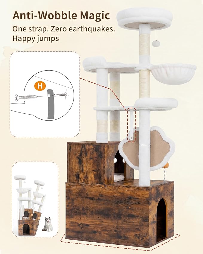 Heybly Cat Tree with Litter Box Enclosure, Modern 64" Hidden Tower HCT105SR | All-in-One Solid Wood Cat Condo for Indoor Cats with Paw-Shaped Board, Multi-Level Perch & Playzone, Rustic Brown
