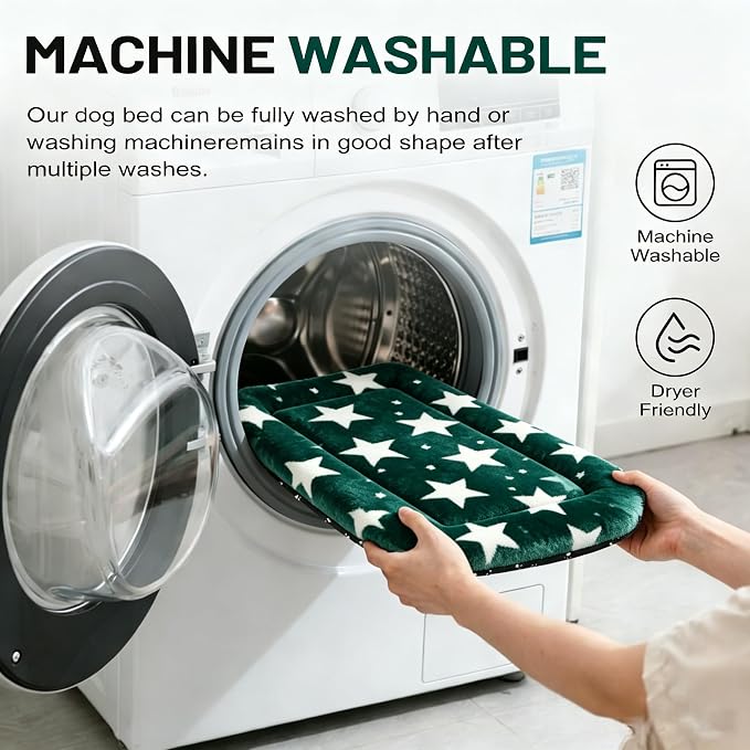 Dog Bed Mat, Reversible Crate Pad & Cute Dog Bed - Machine Washable Kennel Mat with Ultra Soft (Big&Small Stars Green, 18" L x 14" W x 1.5" Th)