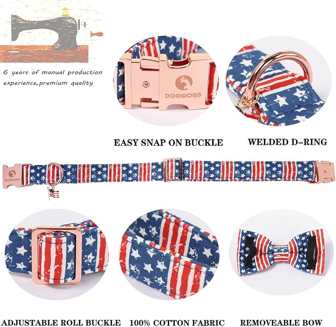 4th of July American Flag Dog Collar, DOGWONG Red Blue Bow Dog Collars with Metal Adjustable Buckle, Comfortable Independence Day Dogs Collars for Small Dogs