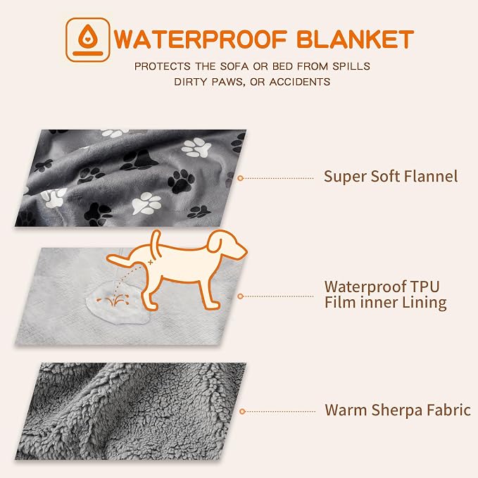 Waterproof Dog Blankets Pet Blanket 50"x60", Soft Fluffy Sofa Car Bed Protector, Reversible Sherpa Fleece Dog Blanket for Large Dogs(Dark Grey-Paws)