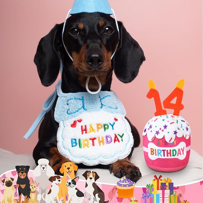 Dansydaisy Dog Birthday Cake Toy Squeaky Plush Toy for Girl Boy Gifts, Chew Accessories for Dog Birthday Party Decor Favor for Large, Medium and Small Dogs(14th,Pink)
