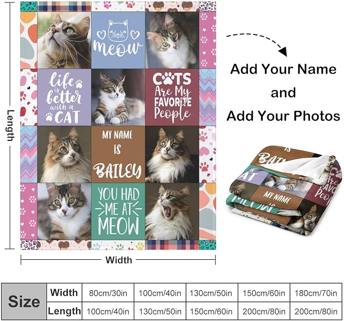 Personalized Pet Photo Blanket, Custom Pictures Collage Cat Memorial Gift, Cat Loss Gift Remembrance Pet Blanket for Family Friends Pet Sympathy Gift for Kids and a Grieving Pet Owner 40"x50"