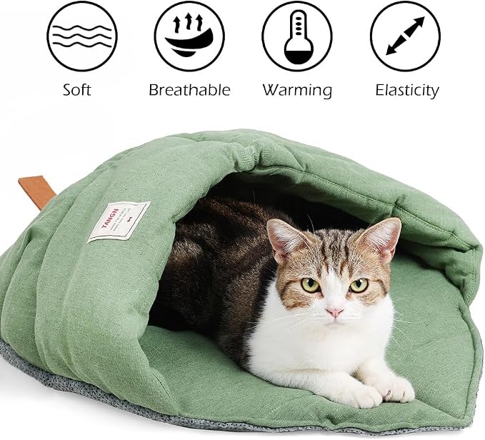 Cat Sleeping Bag Cave Bed with Non-Slip Bottom (Leaf Green) | Comfortable Linen Fabric, Non-stick Hair, Felt Handle, Washable, Suitable Size for Most Cats and Puppy, Durable Pet Nest
