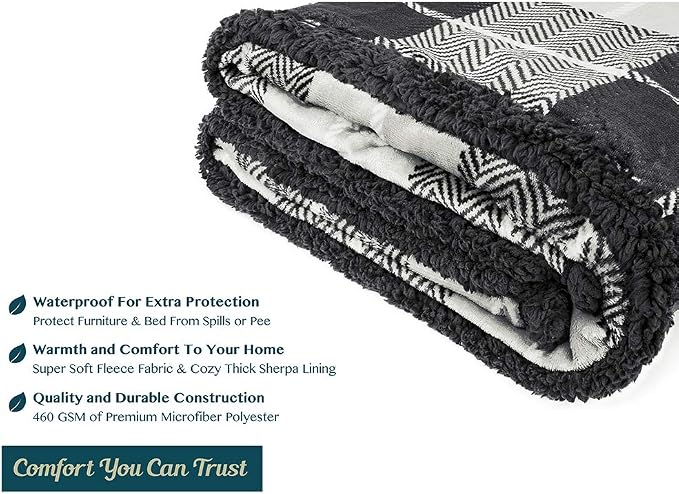 PAVILIA Waterproof Blanket for Couch, Sofa | Waterproof Dog Blanket for Large Dog, Puppy, Cat | Pet Blanket Protector | Plush Soft Warm Fuzzy Sherpa Blanket Bed Throw, Plaid Grey, 60x80
