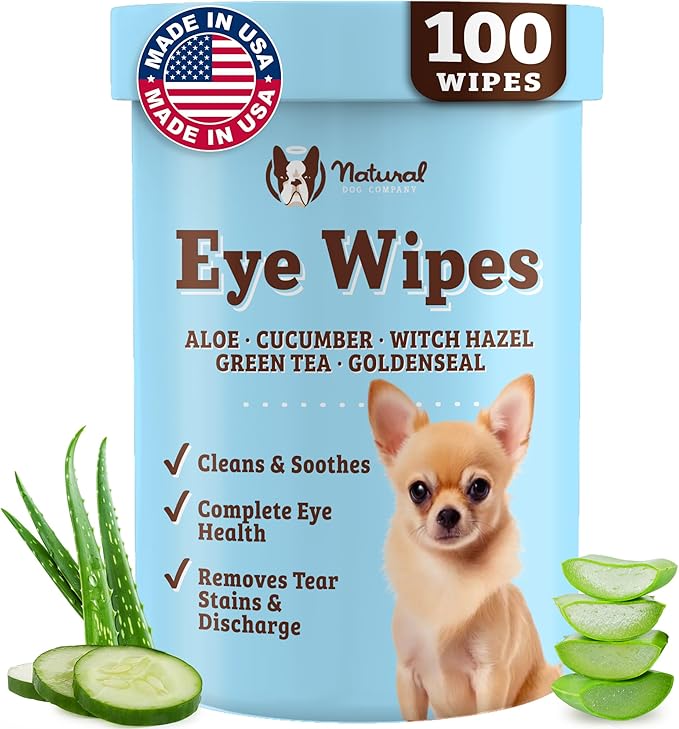 Natural Dog Company Dog Eye Wipes for Tear Stains & Eye Discharge, 100 Count – Gentle Eye Cleaning Wipes for Dogs with Aloe Vera & Witch Hazel, Removes Buildup & Eyes Gunk