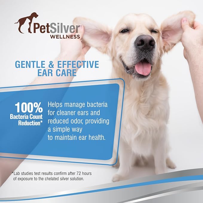 Natural Ear Wash Cleaner for Dogs & Cats, 8 fl oz | Infection Treatment for Dogs, Targets Odors & Wax Build-Up, Soothes Itchy Ears, NOT Colloidal Silver - Chelated Silver, USA