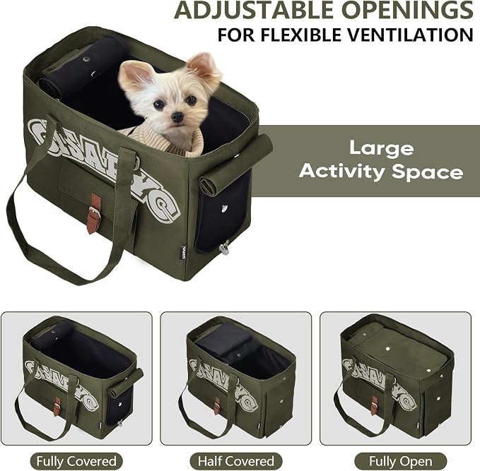 Dog Purse Carrier for Small Dogs, Cats and Puppies – Soft-Sided Foldable Pet Travel Bag with Multi Pockets, 3-Sided Mesh & Rollable Cover for Nervous Cats, Fits Pets up to 15 lbs (Olive Green)