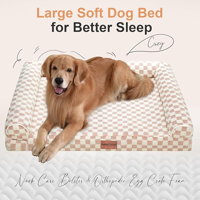 NANUYA Orthopedic Dog Bed for X-Large Dogs, 40 x 32 Inch, Pink Grid | Egg crate foam for joint support, 3-sided bolster pet sofa, waterproof lining, washable cover, and non-skid base