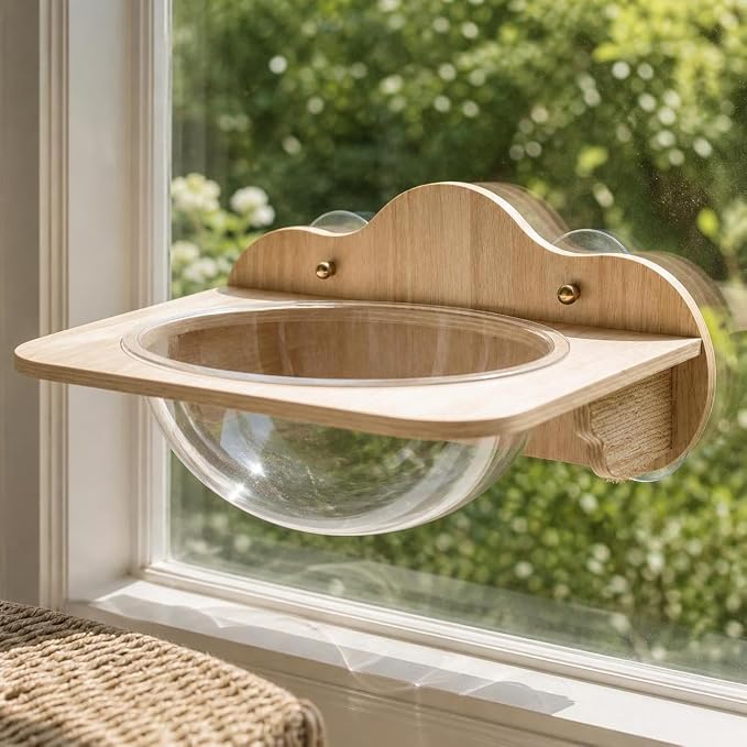 Cat Window Hammock with Wooden Frame Window Perch Shelf Bed Suction Cup Mount Resting Seat Wood and Glass Capsule Design Suitable for Apartment, Style to 1