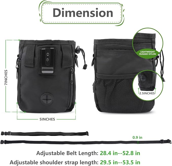 Dog Treat Pouch, Pet Training Clickers,Hands-Free Waist Belt Clip Nylon Pet Treat Pouch with Shoulder Strap, Puppy Walking Supplies Built-in Poop Bag Dispenser for Cat Bird Rabbit (Black)