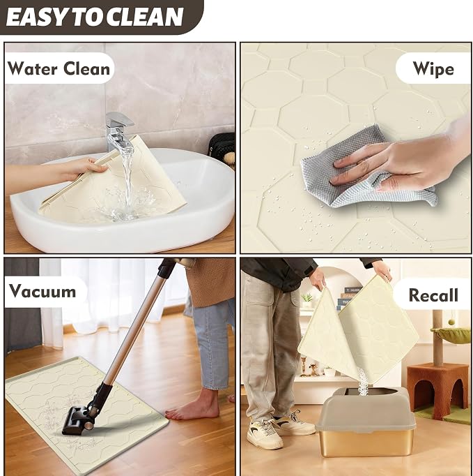 Silicone Cat Litter Mat, 34“ x 22” Waterproof Cat Litter Mats for Floors, Raised Edges Prevent Leaks and Make Cleaning Easy (Beige)