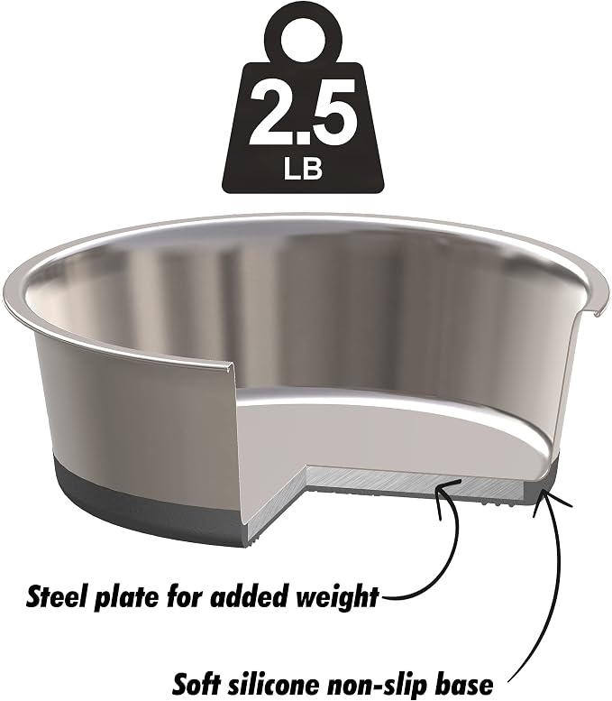 2.5 lb Weighted Dog Bowl - No Slip, No Tip - Heavy Stainless Steel Dog Bowl with Silicone Rubber Foot | Heavy Stainless Steel dog bowl with silicone rubber foot