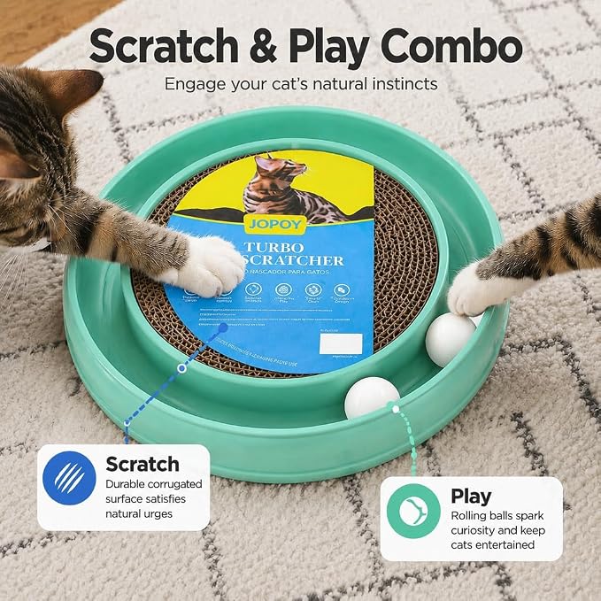 Cat Scratcher Toy Ball Track, Green | Round Interactive Scratching Board, Exercise Set, Indoor Cats, Adult and Kitten, Mental & Physical Stimulation