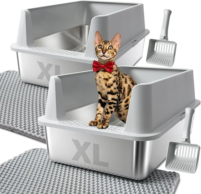2PACK Stainless Steel Litter Box, XL Metal Cat Litter Box with Lid High Sides, Extra Large Litter Boxes for Big Cats, Anti-Urine Leakage, Easy to Clean, Non-Sticky, Scoop and Mat Included