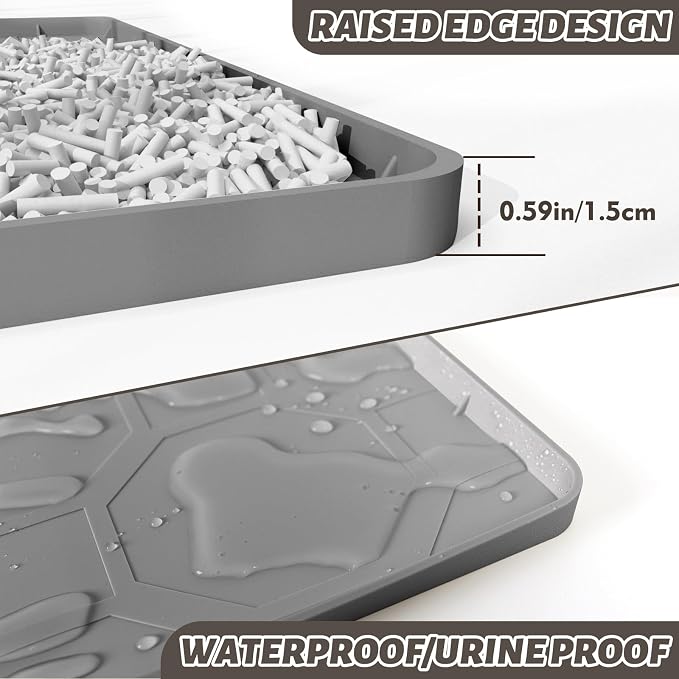 Silicone Cat Litter Mat, 34“ x 22” Waterproof Cat Litter Mats for Floors, Raised Edges Prevent Leaks and Make Cleaning Easy (Gray)