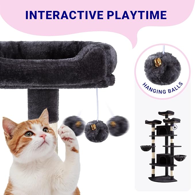 Allewie 73in Fan-Shaped Space-Saving Corner Cat Tree Tower, Dark Grey | Multi-Level Tall Cat Tree for Indoor Cats, Cozy Baskets, Condos, House, Perches, Sisal Scratching Posts, Pet Activity Center