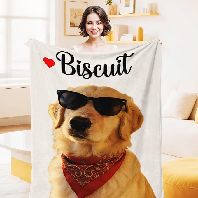Custom Gifts for Dog Dad Mom Personalized Fleece Throw Blanket with Pet Portrait Picture & Name Cute Cozy Soft Warm Unique Gifts for Pets Lover